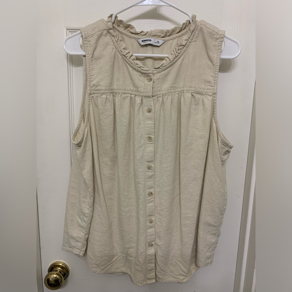 SONOMA PLUS 1X PARADISE SAND BEIGE LINEN RUFFLE BUTTON FRONT TANK TOP